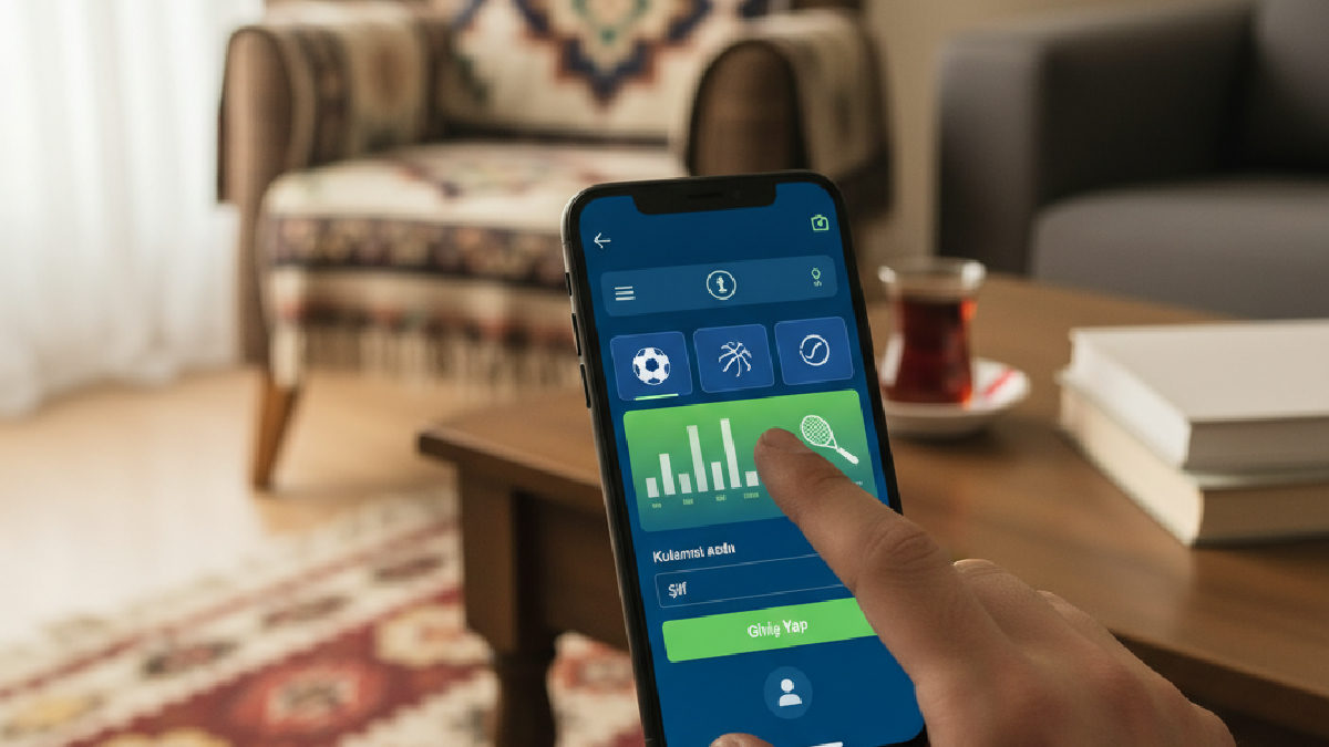 Akıllı telefon ekranında Bets10 mobil uygulaması ve bir parmağın 'Giriş' düğmesine basması, kolay erişimi temsil ediyor.
