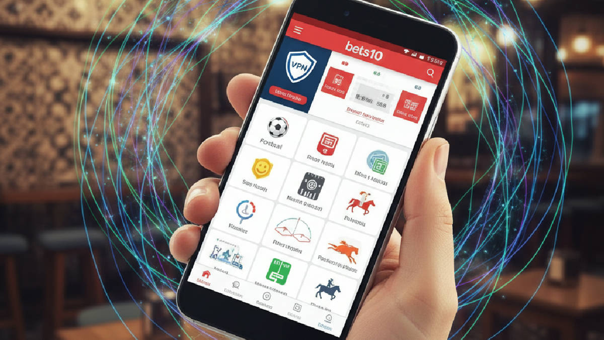 Bets10 mobil uygulamasını gösteren bir akıllı telefon ve VPN kalkan simgesi.