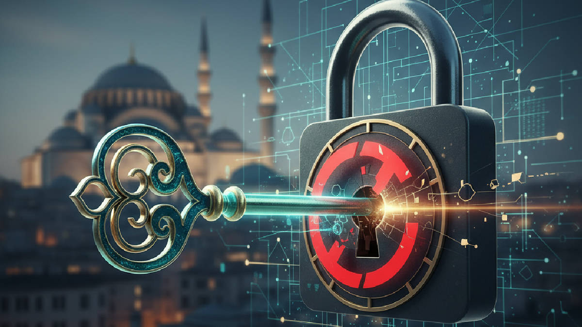 Dijital bir anahtarın internet kısıtlamalarını aşan bir kiliti açtığı metaforik görsel, Bets10 erişimini simgeliyor.