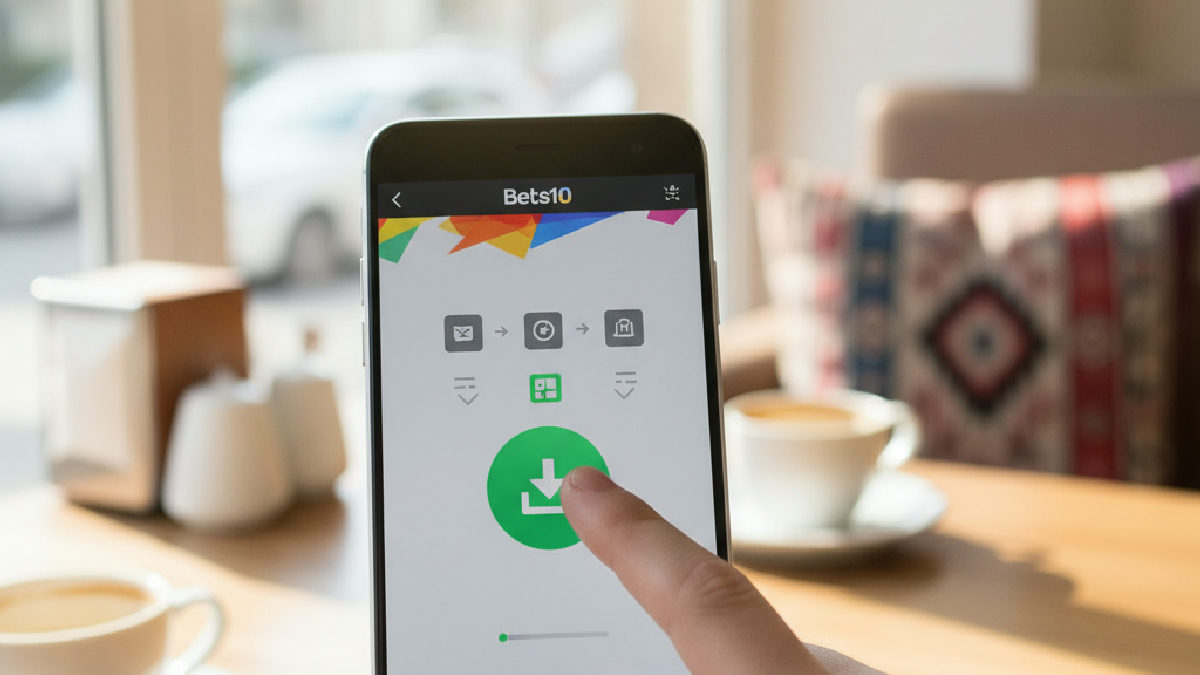 Bets10 mobil uygulama indirme adımlarını gösteren telefon ekranı ve etkileşim.